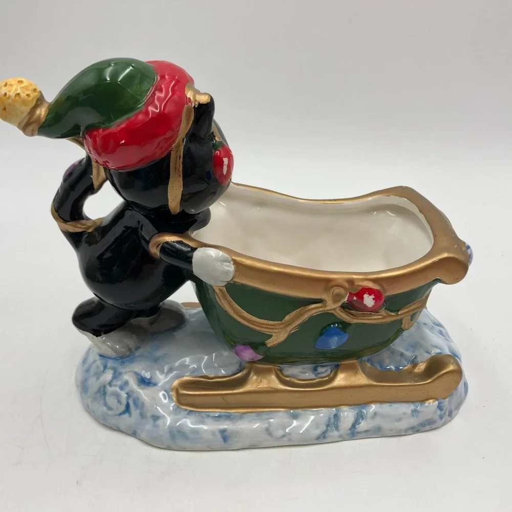 WCL Black Cat Sleigh Sled VINTAGE CHRISTMAS Winter CERAMIC BOWL PLANTER